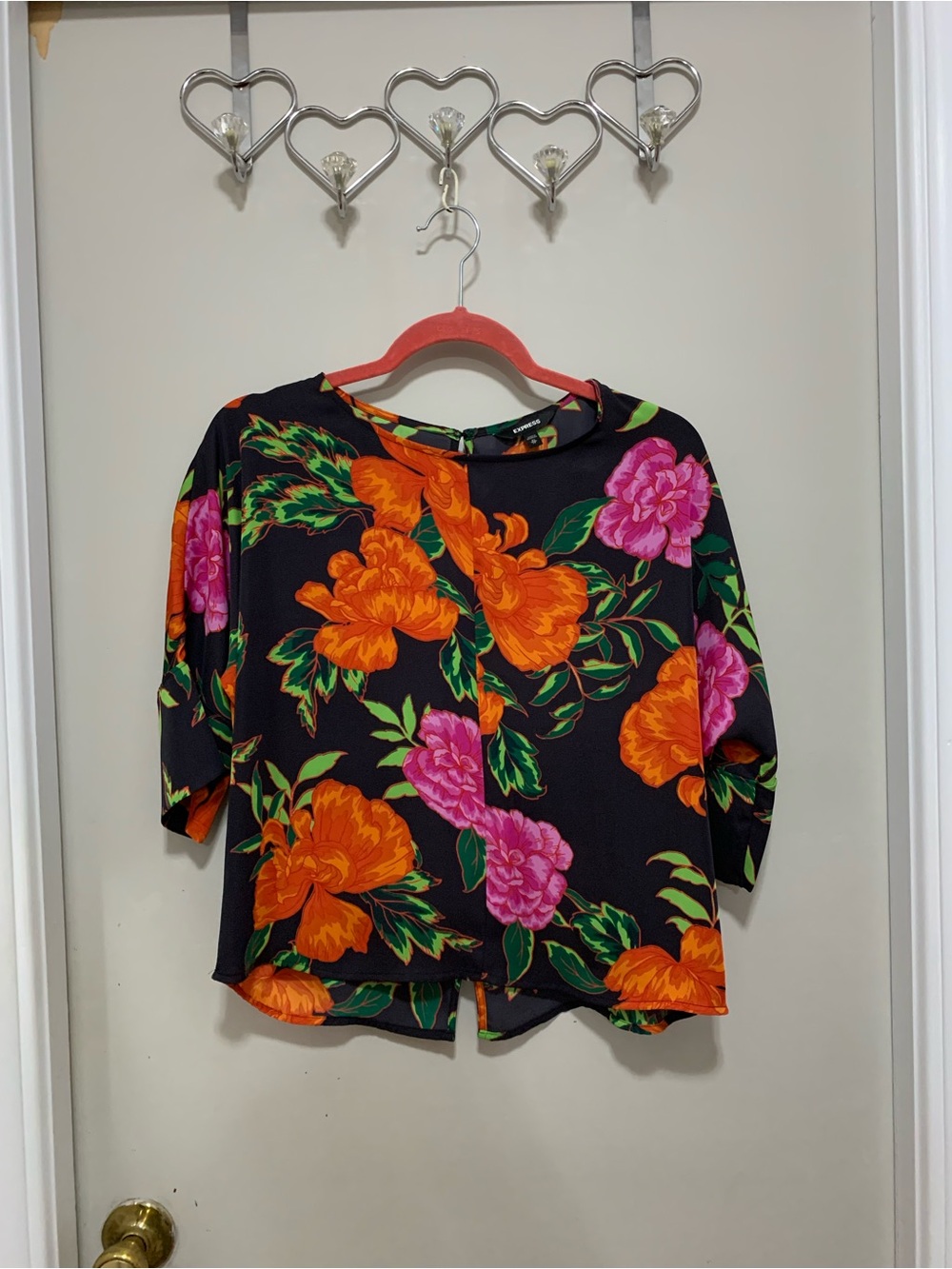 Express Black Floral Blouse with Orange & Pink Blooms